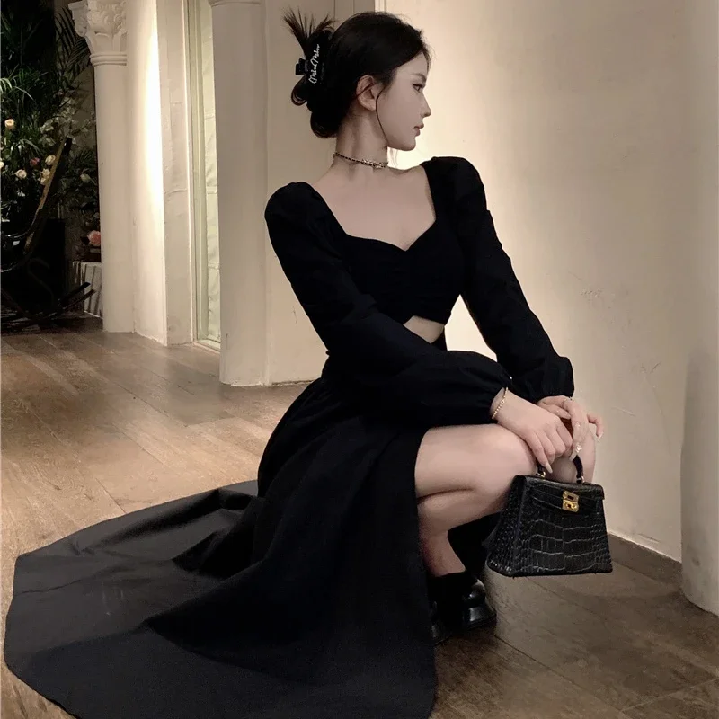 Long Sleeve Dresses Women Party Stylish Slit-design Solid Black Chic Autumn French Style Maxi Vestidos High Street Retro Clothes