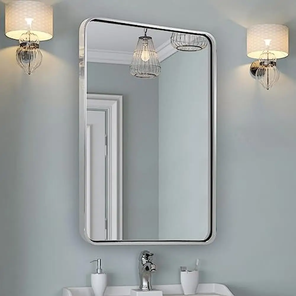 

Bathroom Vanity Mirror 22x30’’ Chrome Polished Nickel Frame Wall-Mounted 4mm HD Glass SUS304-Anti-Rust 3D Design Premium Quality