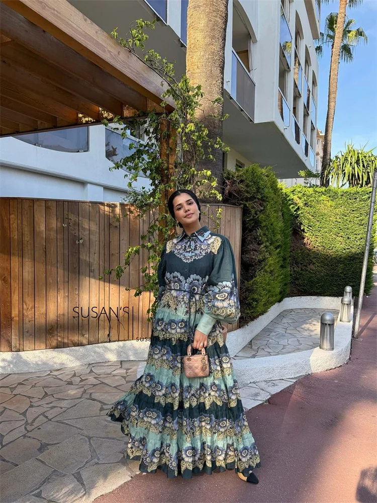 Susan Australian Retro Court Sle Lantern Sve een Flax Belted Maxi Dr Women's Long Sve A-Line Dr  Collar