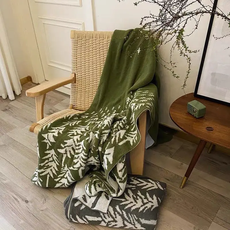 Knitted Throw Blanket Soft Cozy Reversible Tree Pattern Green Grey For Couch Bed Sofa Chair Office Camping Travel Home Decor