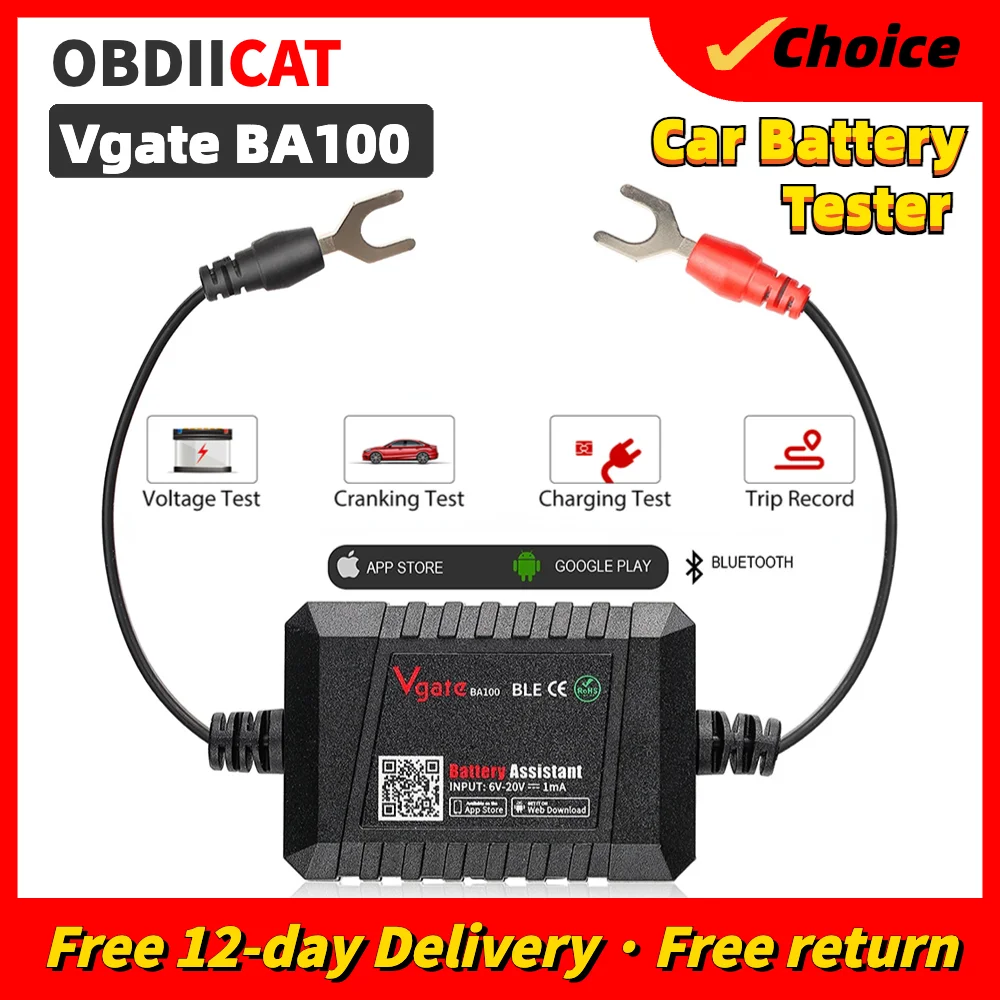 Vgate BA100 Car Battery Tester Car Battery Assistant 12V Monitor Bluetooth 4.0 Work with iOS & Android Battery helper