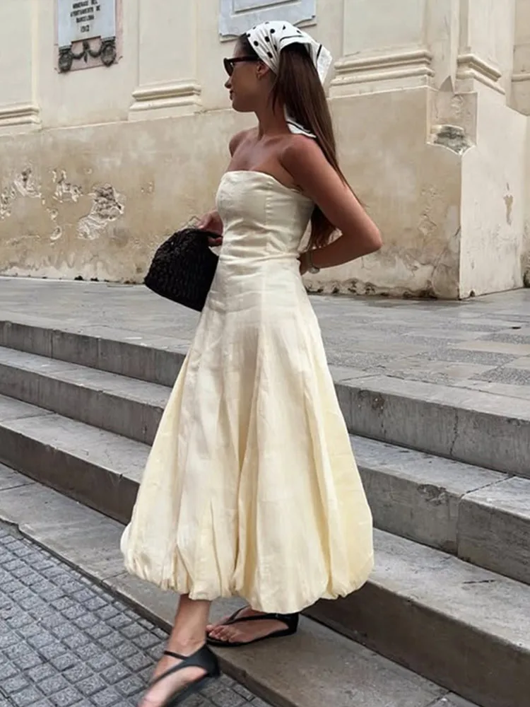 

Sexy Strapless Pleated Solid Maxi Dress Women Fashionable Sleeveless Slim Fit Long Dresses Female Summer Chic Holiday Casual