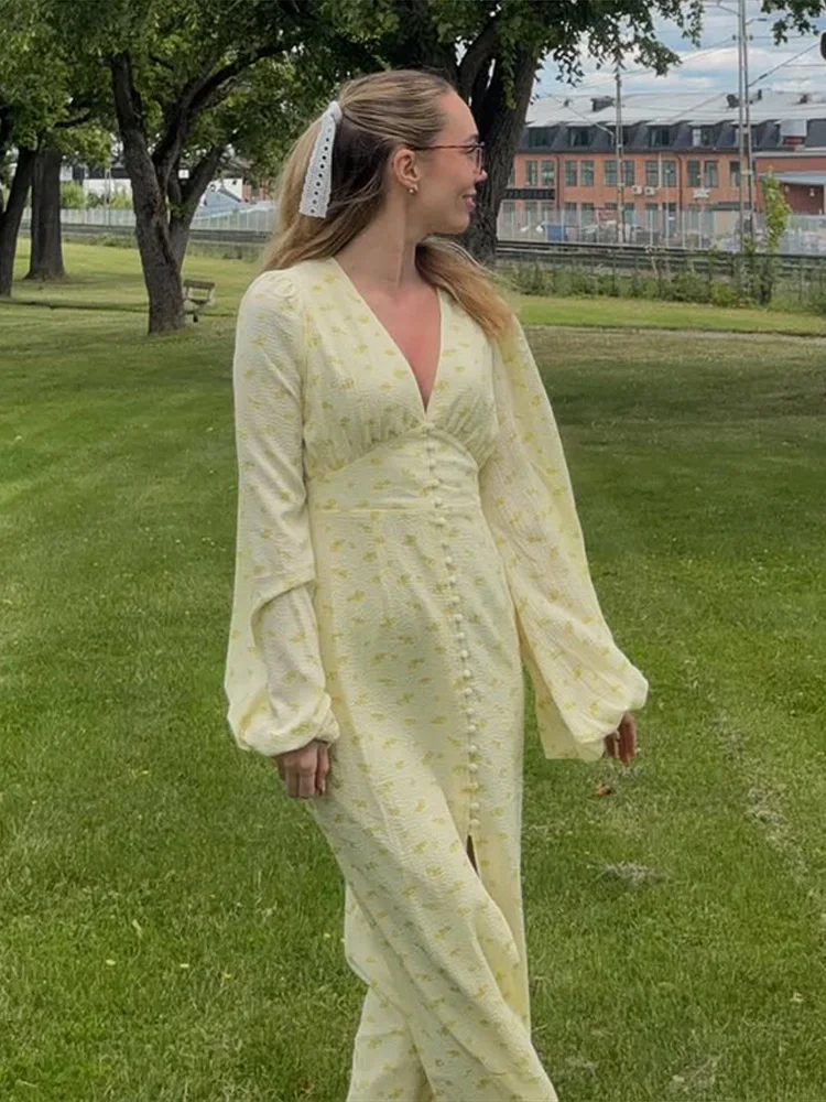 Seksowna Sukienka z Nadrukiem Dekolt V Damska Uliczna Jednorzędowa Bufiaste Długie Rękawy Długie Sukienki Damskie Lato Jesień 2025 Szaty Damskie