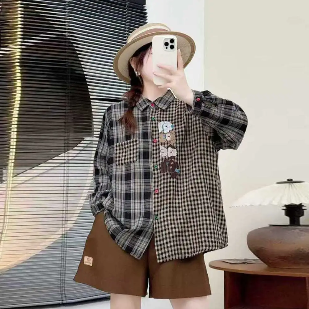 

Japanese Vintage Mori Girl Cartoon Dog Embroidery Plaid Patchwork Shirts Women Autumn Turn Down Collar Long Sleeve Casual Blouse