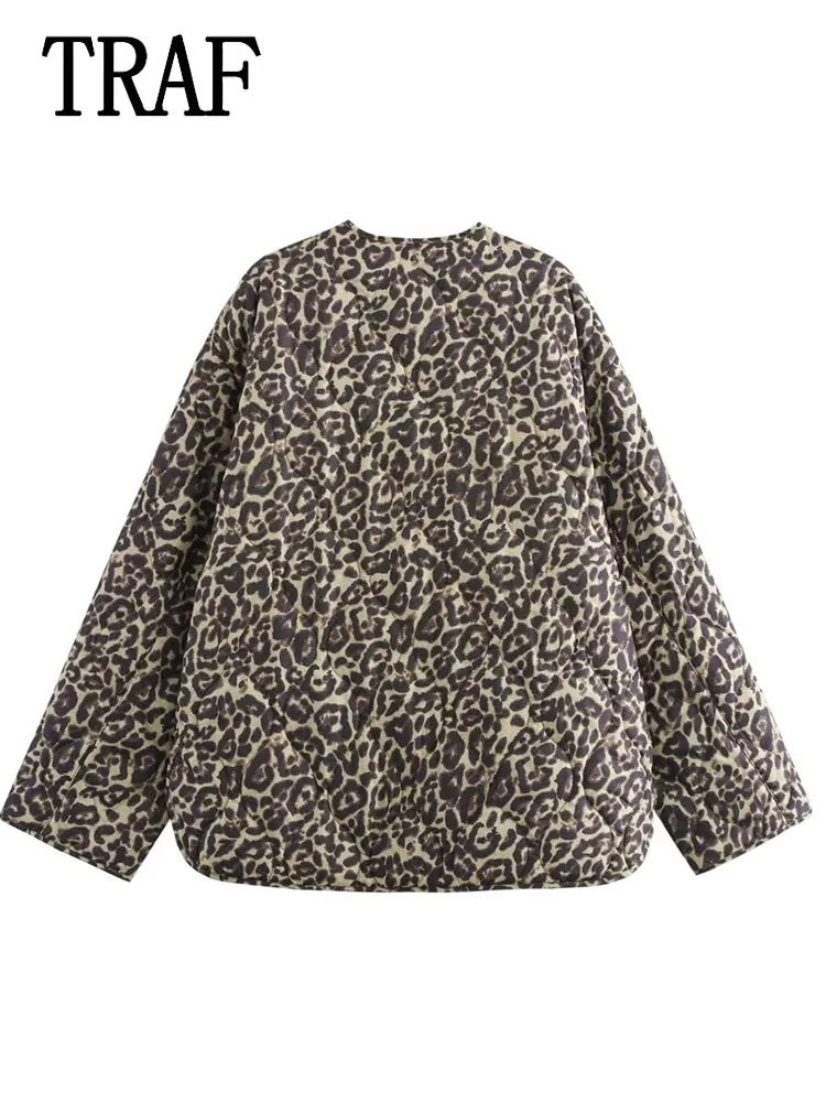 TRAF Women Fashion Leopard Print Coat Winter Cotton Coats For Women Loose Long Sleeves Pockets New in Outerwears Coat