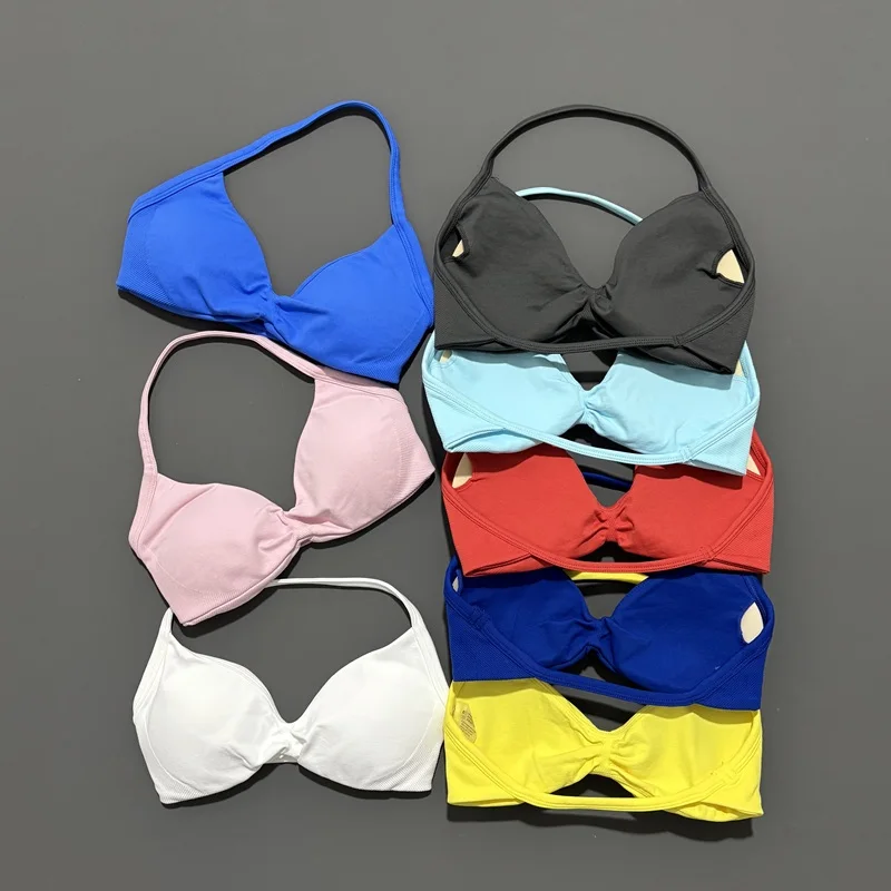 Histello Sports Strappy Bra Women Yoga Tank Bra Seamless High Support Fitness Workout Top Running Exercise Halter Gym Bras