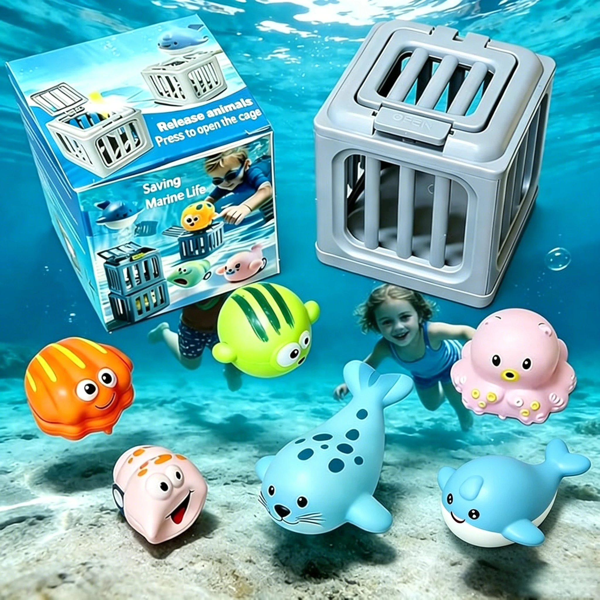 12Pcs Kids Underwater Diving Toy Set, 6 cages & 6 sea creature toys, interactive pool play kit, ideal summer gift for children
