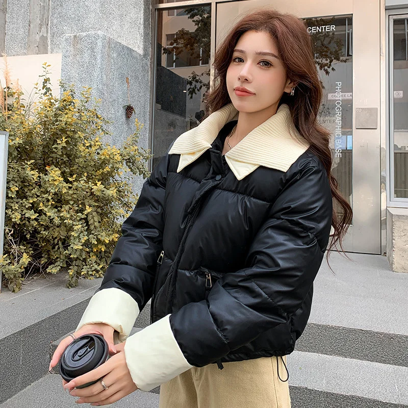 Nowe Krótkie Parki Jesienno-Zimowe 2025 Modne Płaszcze z Dzianinowym Kołnierzem, Łączona Kurtka z Bawełny Puchowej, Gruba Ciepła Kurtka Damska