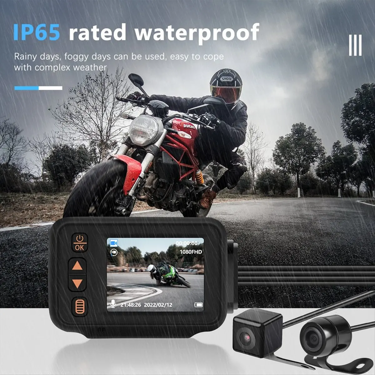 N05R Dash Cam Front and Rear, Driving Recorder Camera for Motorcycles, 2 Inch HD Dash Cam, Loop Recording, Waterproof