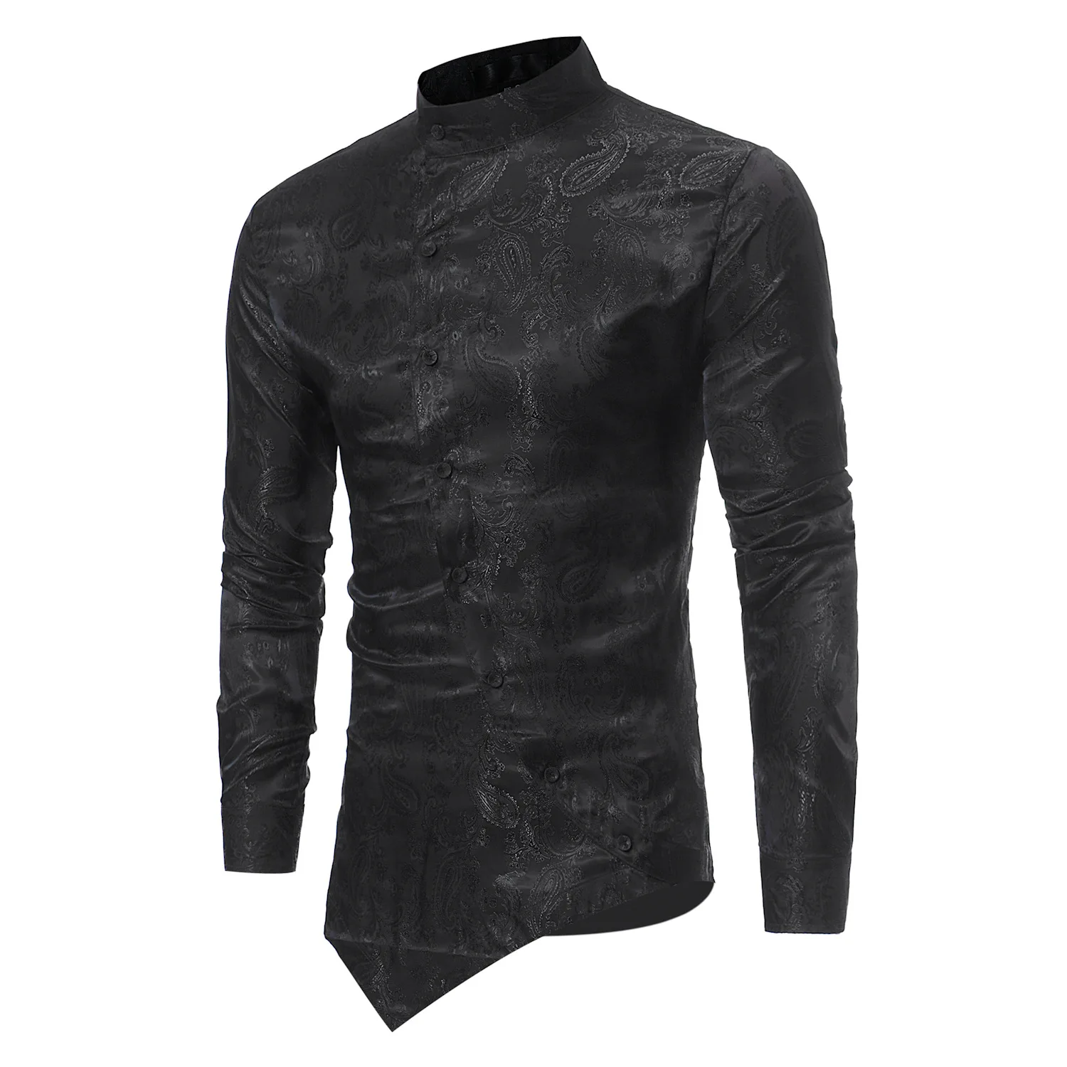 

Men's stand-up collar dark pattern long-sleeved shirt, men's irregular diagonal hem multi-color shirt