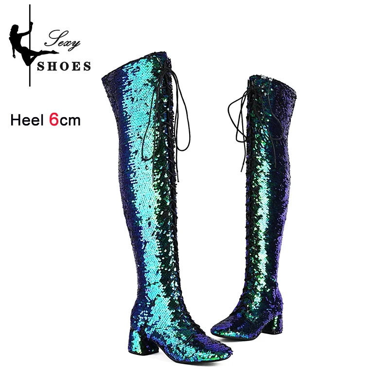 Women Over the knee Sequined Shoes 6CM Chunk Heeled High Heels Night Club Glitter Female Boots Size 33-46 Side Zipper Long Boots