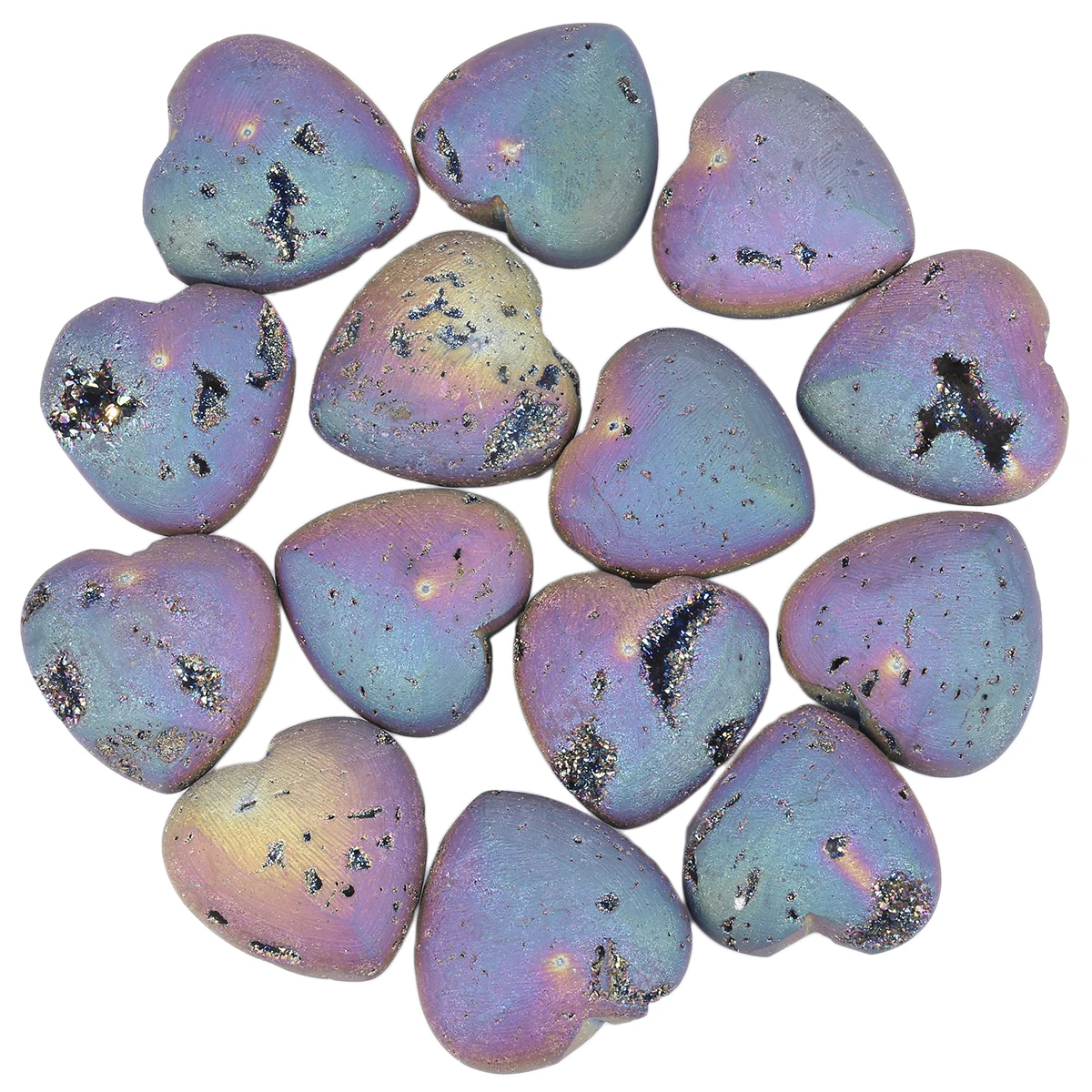 TUMBEELLUWA Rainbow Titanium Coated Druzy Geode Quartz Agate Heart Crystal Worry Pocket Stone For Chakra Balancing Home Decor