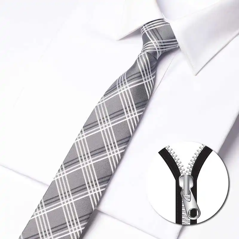 

High Quality Gray Checkered Zipper Tie Men's Narrow Version 6cm Fashionable Slim Fit Business Shirt Accessories Zipper Necktie