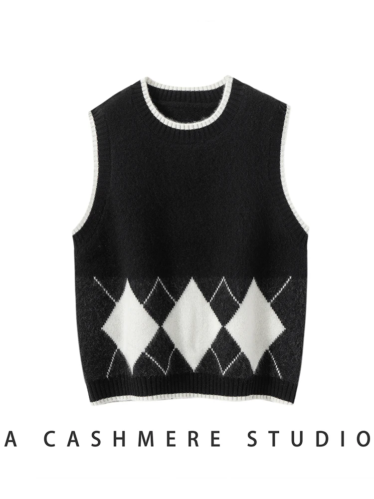 Damski sweter z kaszmiru 100%, wzór argyle, dekolt okrągły, kamizelka, pulower, styl art retro preppy, dzianina kaszmirowa, jesienno-zimowe topy bez rękawów.