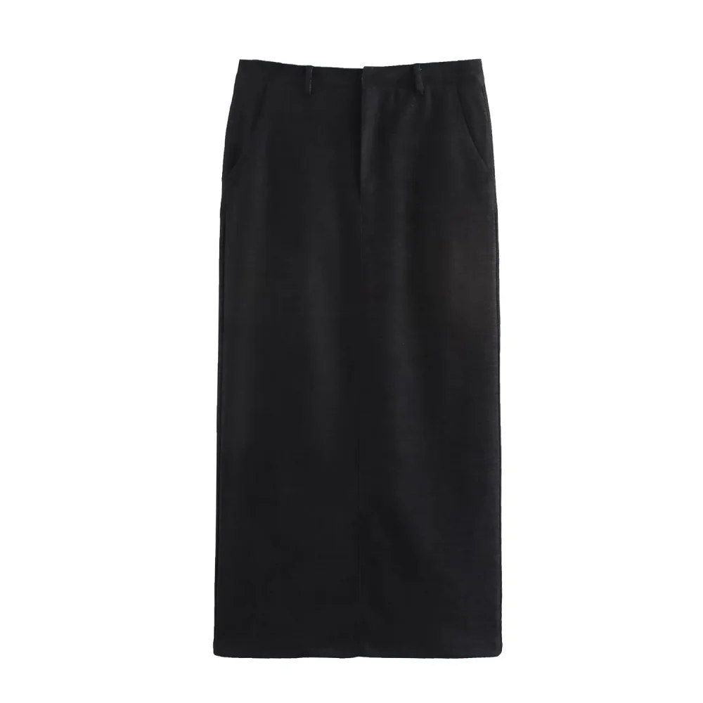 2025 PB&ZA Women's Midi Skirt Classic Black Design with Side Pockets and Sleek Tailoring for a Timeless and Elegant Look