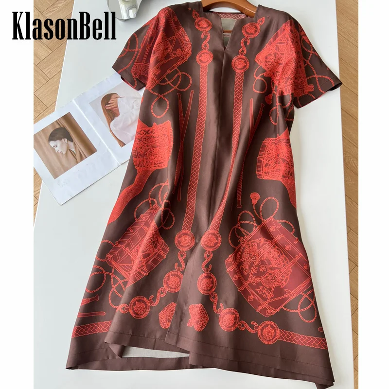 4.4 KlasonBell-Women\'s Geometric Pattern Print Short Sleeve Loose Silk Dress, Vintage Temperament Dress