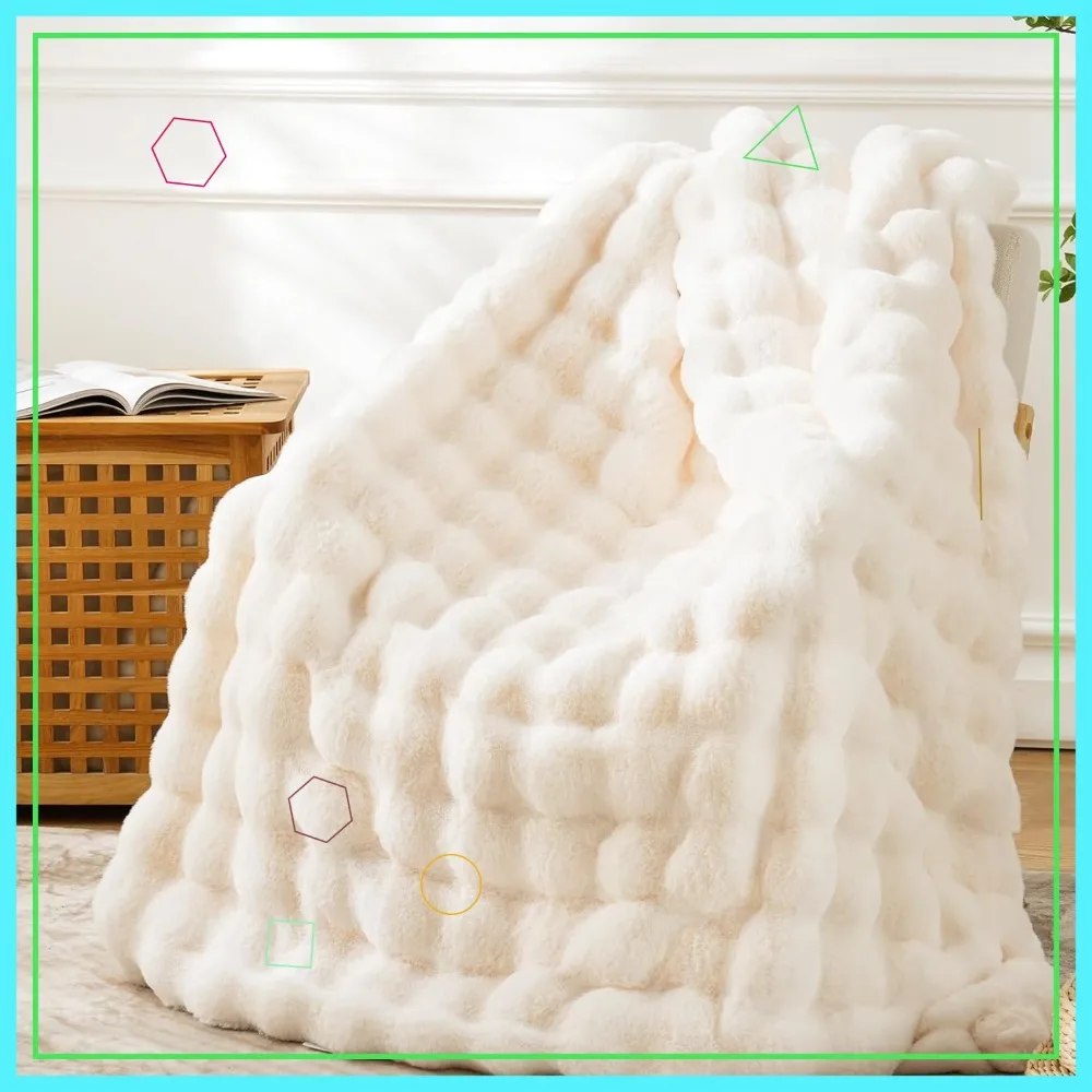 

Faux Fur Throw Blanket for Couch Bed - Fluffy Soft Thick Bubble Design, Cream White, 63x80 Inches