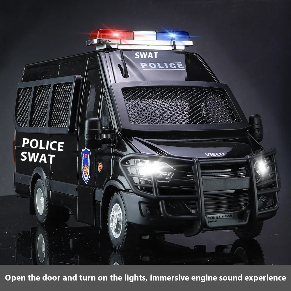 1:24 Scale IVECO Police Alloy Car Diecast Metal Model Sound & Light Pull Back Toy Interior Ornaments Children Toy Gifts Doiplay