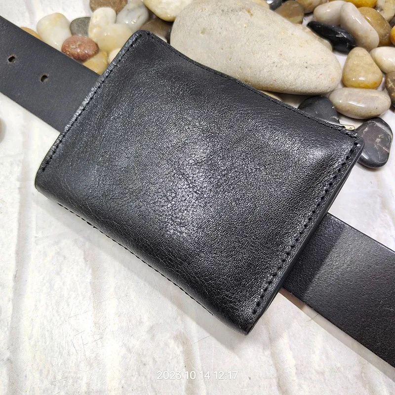 Blongk Zippered Waist Pack Genuine Leather Belt Bag Wallet Card Holder Car Key Pouch Driver\'s License Case Men Women L120902D