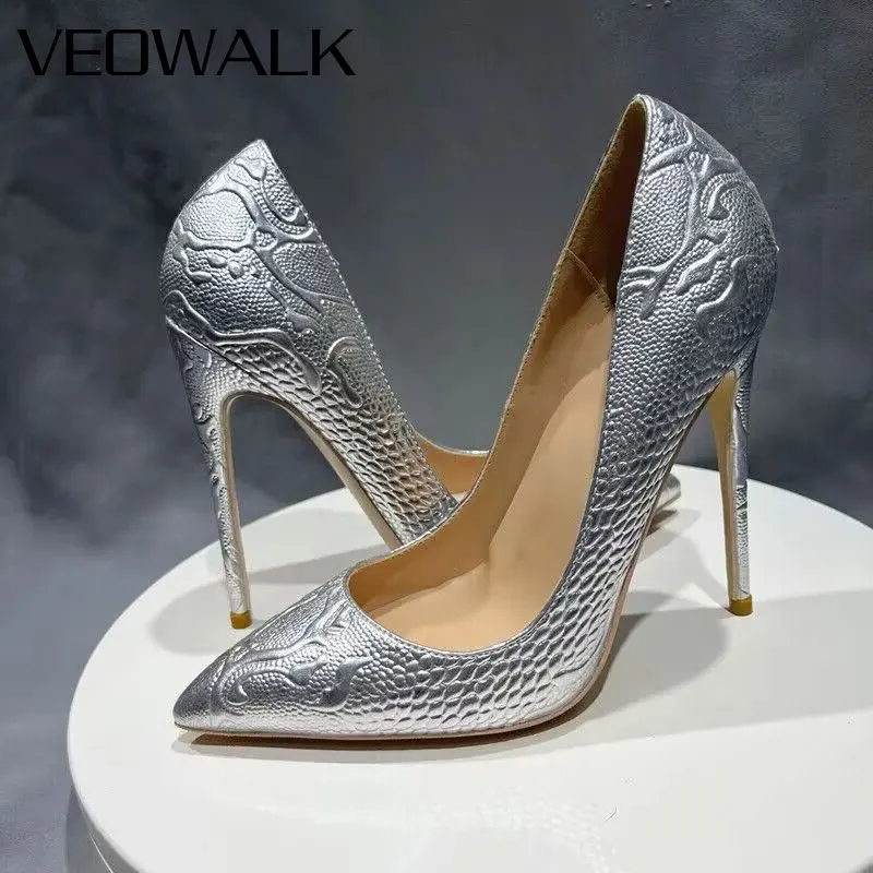 

Veowalk Silver Embossed Snake-Pattern Pointed-Toe Stiletto Heels 12CM Ultra-Slim High Heels for Women Elegant Evening Party