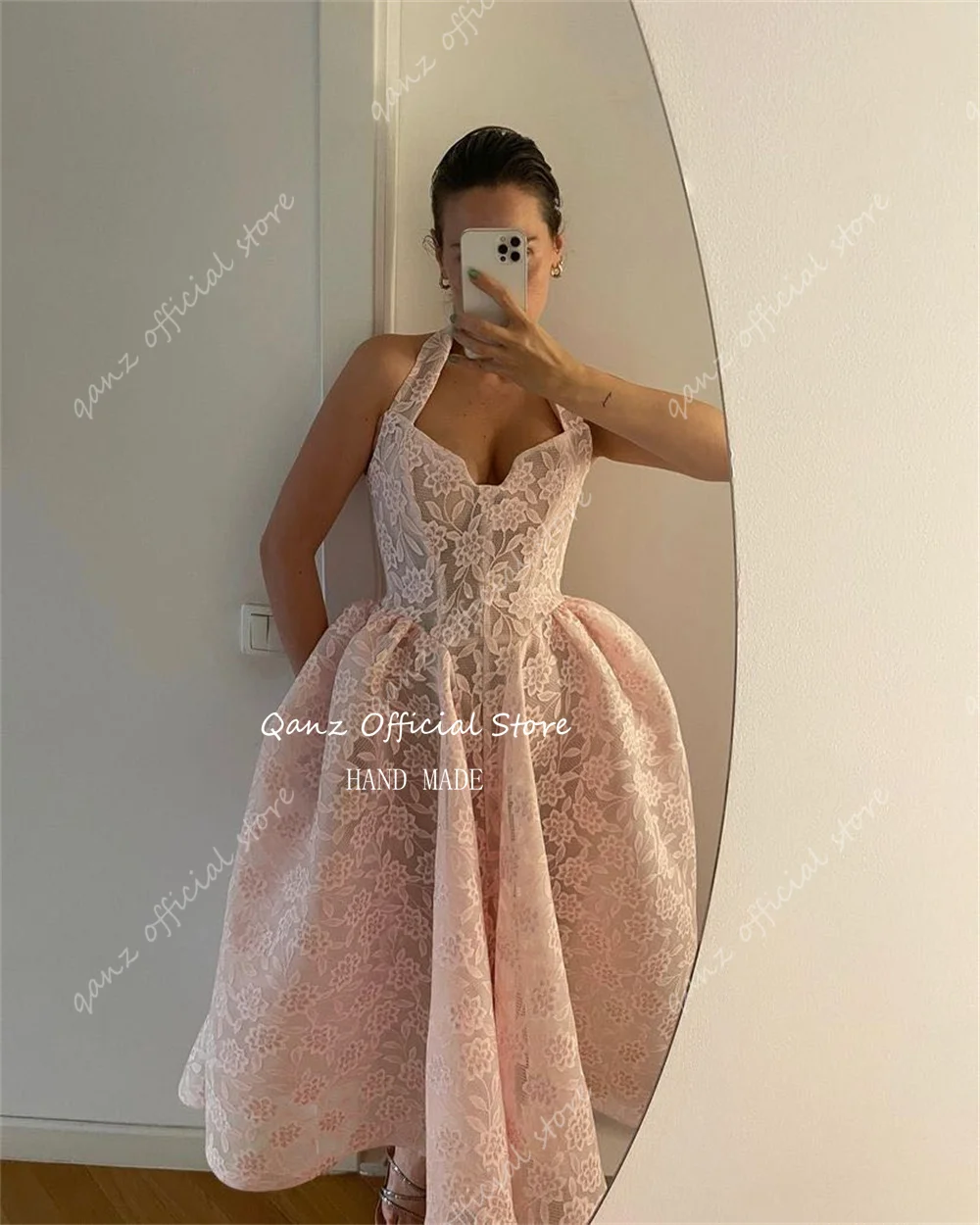 Qanz Fancy Lace Evening Dresses Tea Length Pink Lace Flowerls Prom Dresses Luxury Gowns Tea Length 2024 Dresses Women Customized