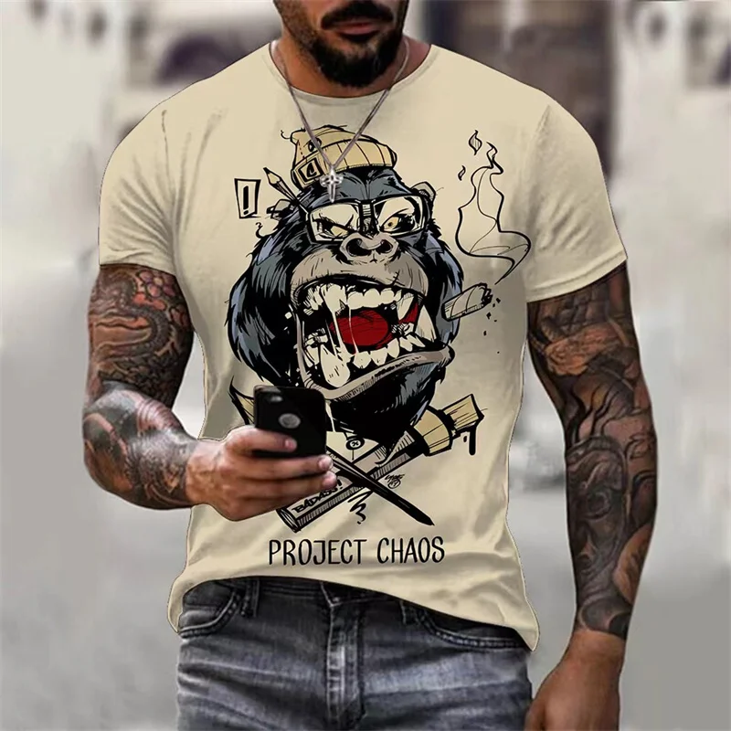 Retro Gorilla Monkey Printed Summer Men's O-Neck T-shirt Casual Short Sleeve Oversized Pullover Fashion Streetwear Men Clothing