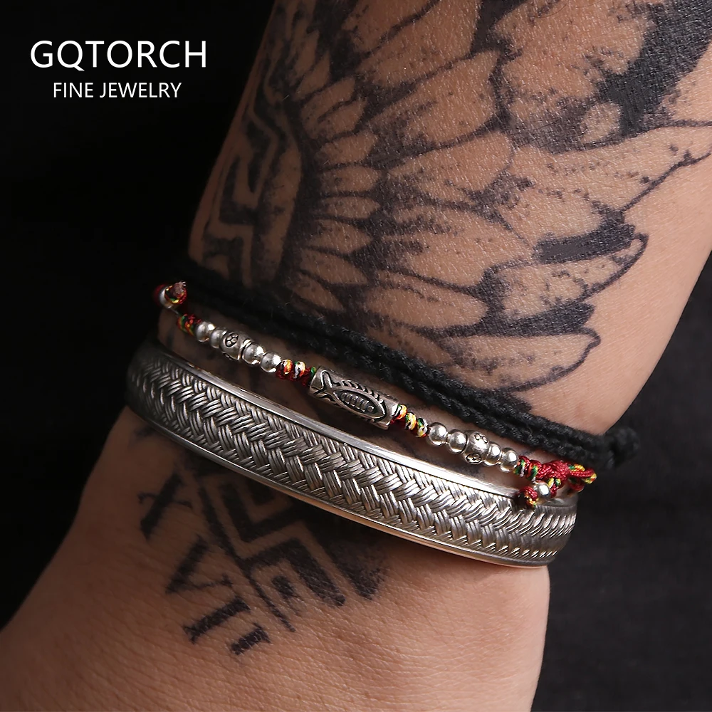 

3 шт./компл. 999,9 тонкий серебряный плетеный открытый браслет сердце сутра с гравировкой рыбы Шарм красочная нить красный черный узел веревка стек ювелирные изделия