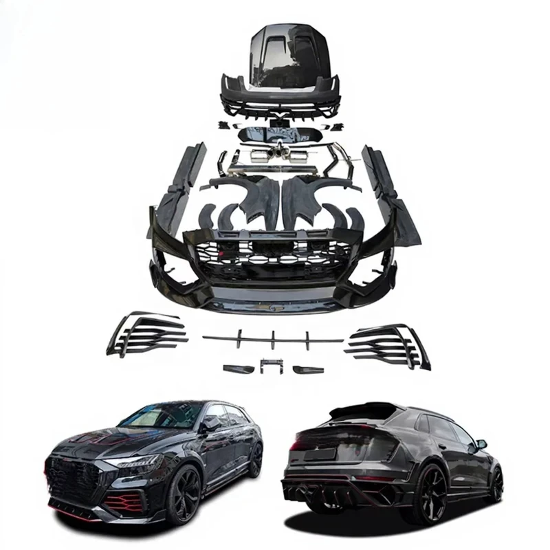 Prime MSY Wide Body Kit Q8 RSQ8, Half Dry Carbon Fiber Front Rear Bumper Side Skirts Exhaust Pipes Roof Wing