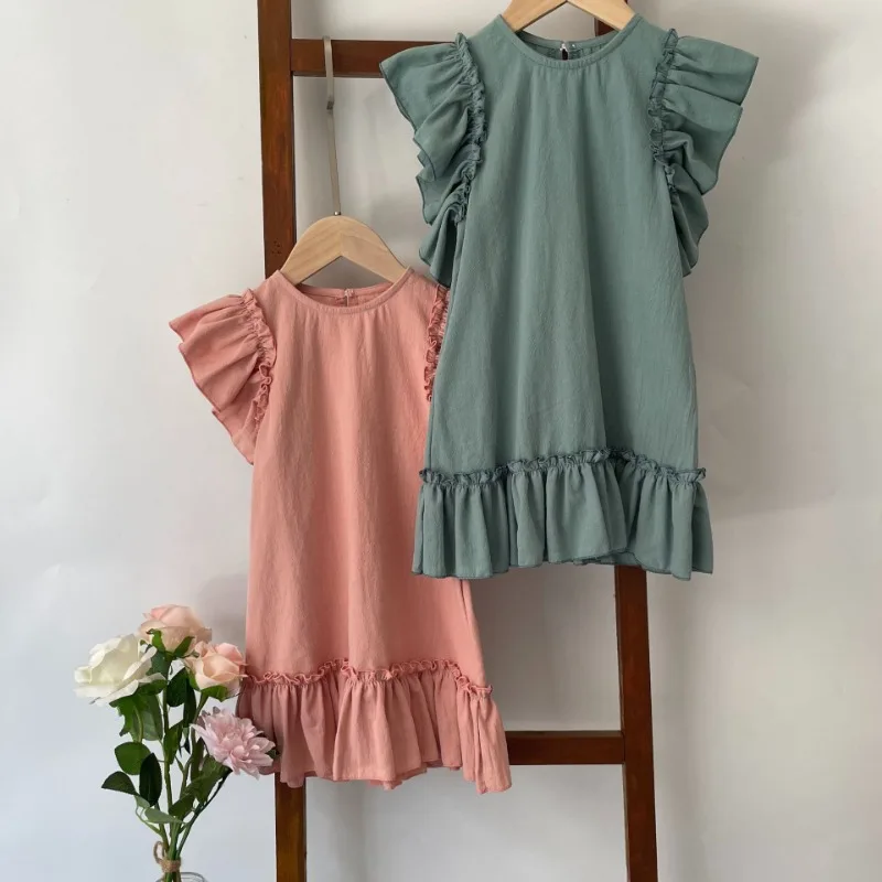 Kids Girls Summer Sleepwear Linen Cotton Blend Long Ruffle Hem Dress Loose Fit Chic New Design Breathable Casual Toddler Lounge