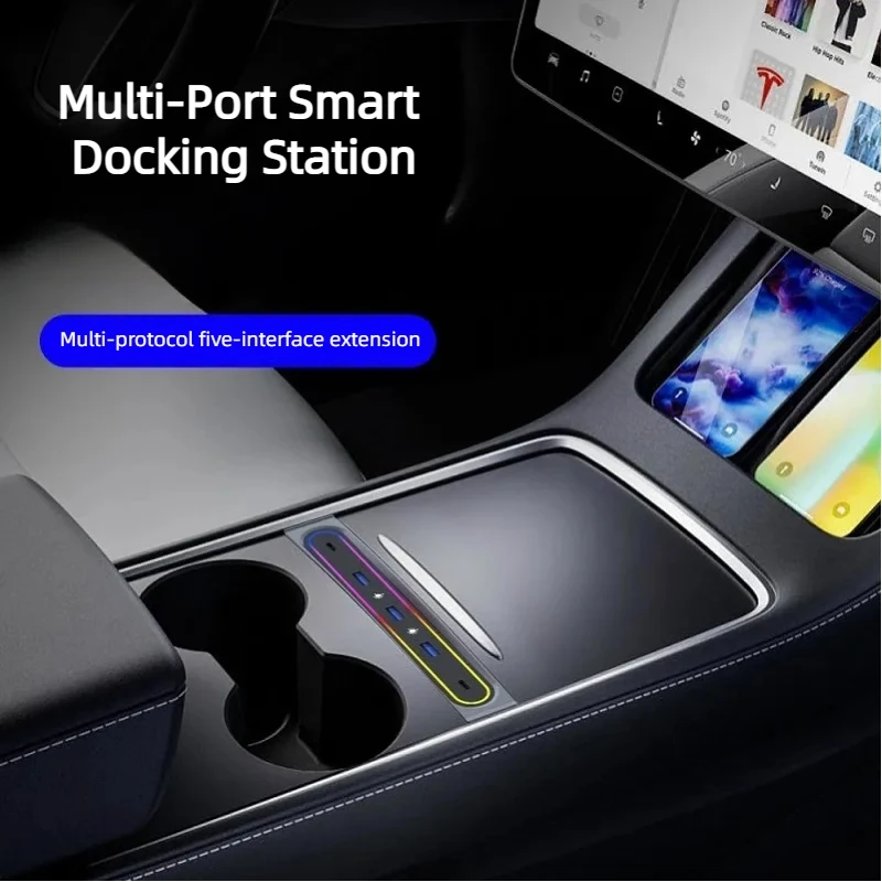 Smart Docking Station for Tesla Model Y Accessories 2023 Model 3 5-Port 27w Fast Charger With LED Lights Shunt Hub Adapter Power