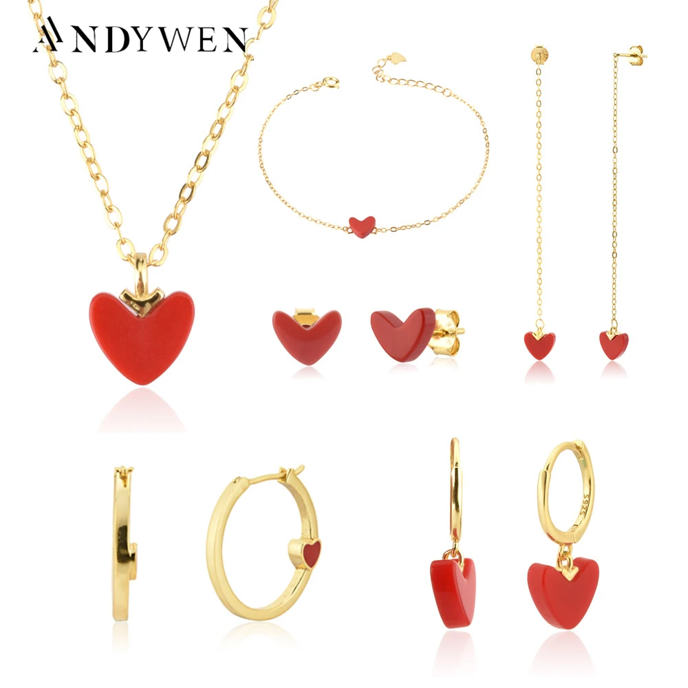 ANDYWEN 925 Sterling Silver Gold Red Heart Love Stud Earring Drop Piercing Hoops Bracelet Choker Chain Necklace Jewelry Set Gift