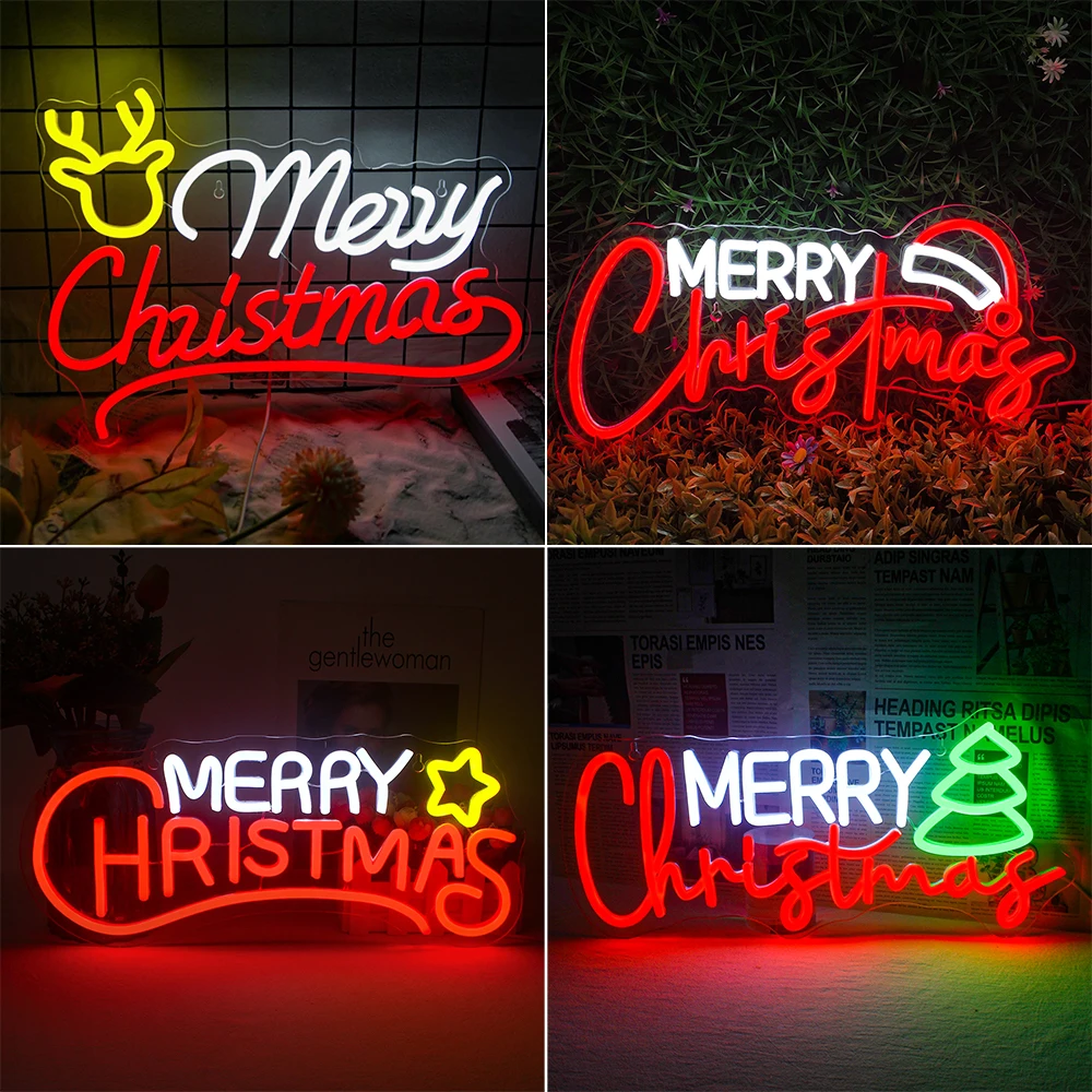 

Merry Christmas Neon Sign For Wall Decor Xmas Hat Star Tree Deer Led Light Room Decoration Dimmable Lamp For Home Party Bar Shop