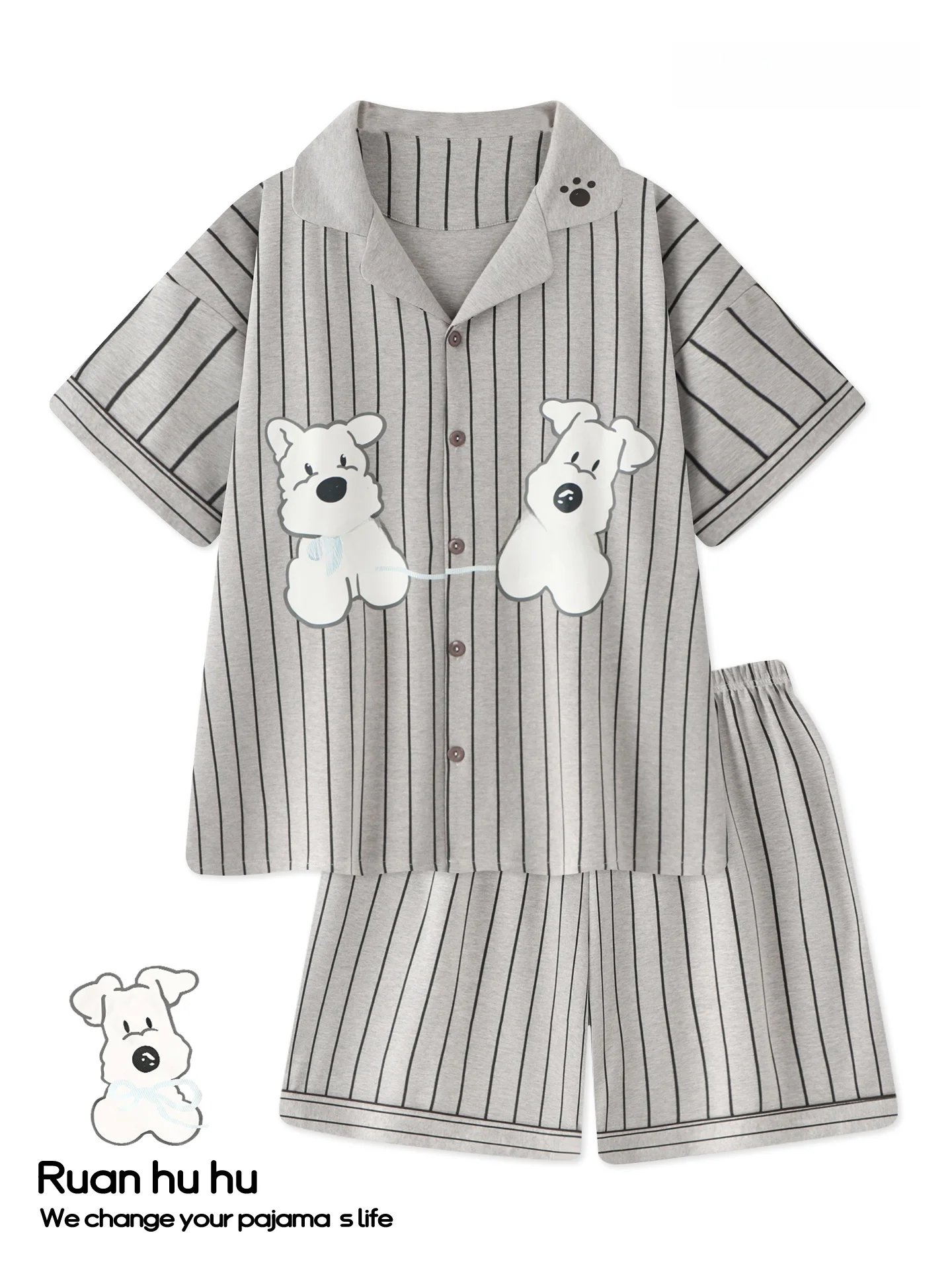 かわいい犬柄ストライプ夏用パジャマ女性の半袖純綿ホーム服セットグレーカップルカジュアル快適通気性