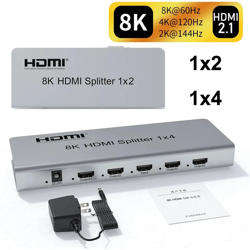 

8K60Hz HDMI Splitter 1x4 HDMI2.1 HDR 3D Audio Video Converter 1 In 2 3 4 Out 4k 120hz 8K 1x2 HDMI Splitter PC To TV Dual Display