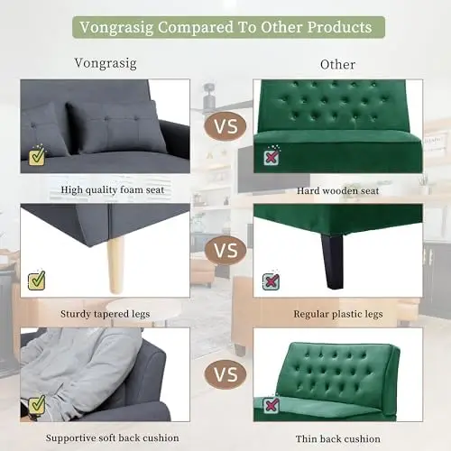 Nowoczesna sofa dwuosobowa z pikowaniem, model Century Linen, z poduszkami oparcia i zwężanymi nogami, ciemnoszara, 47 cali.