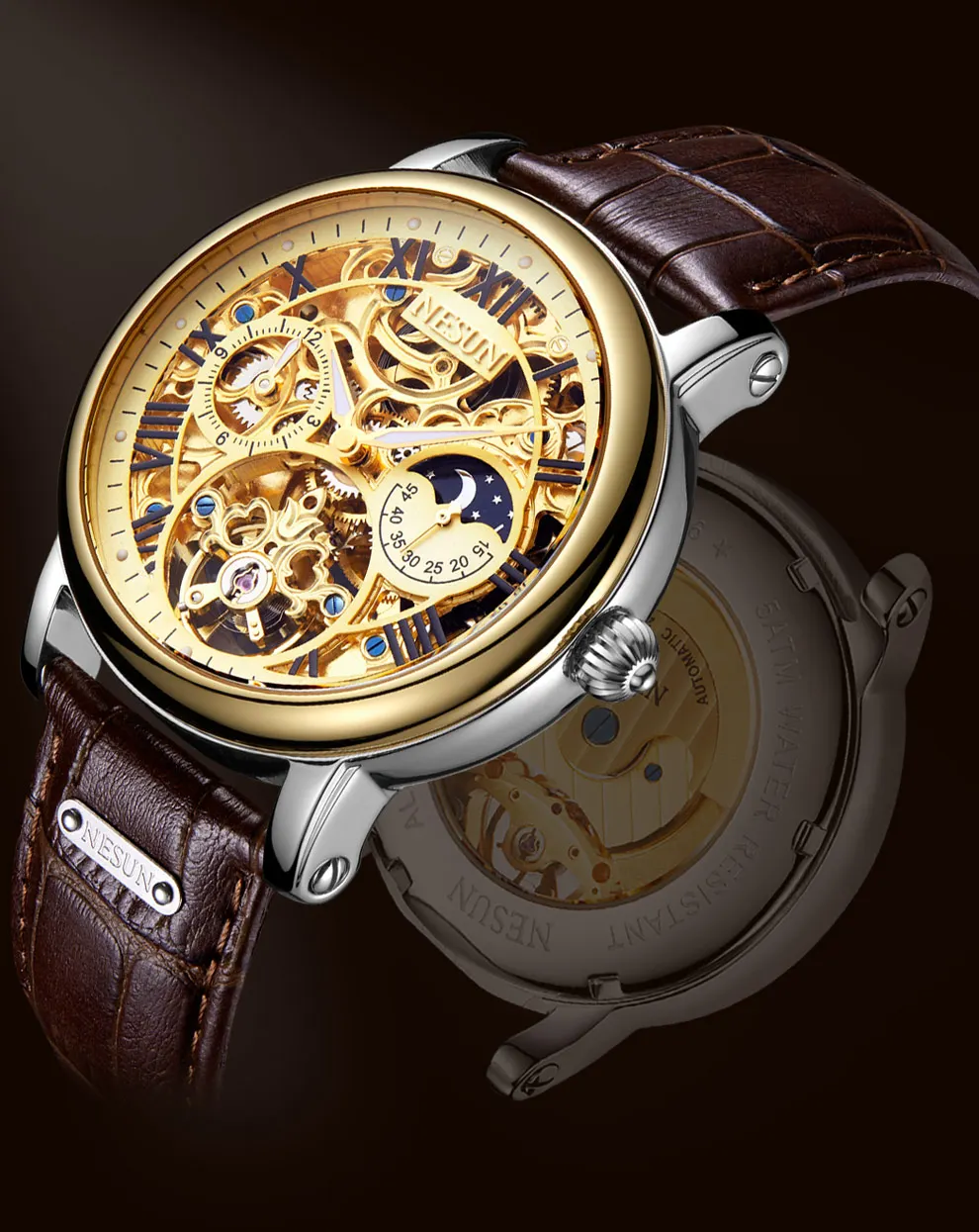 Nesun men's watch automatic mechanical watch men's large dial double hollowed men's watch luminous business men's watch