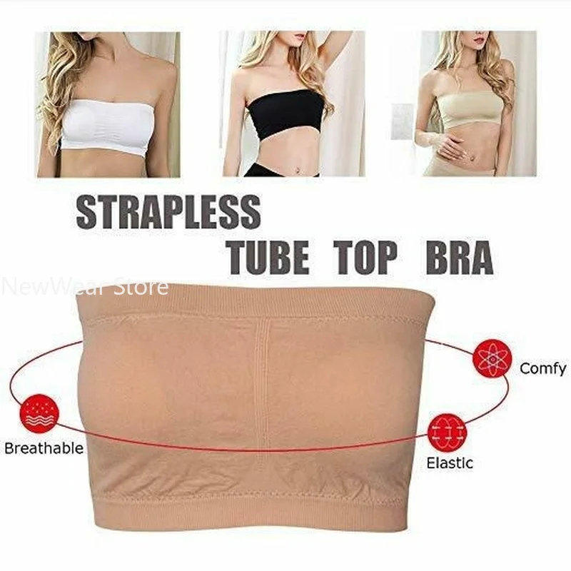 Sutiã em bandeau sem alças removíveis, plus size, elástico, sem costura, acolchoado, tubo, boob, colheita, cinta de espaguete, topo