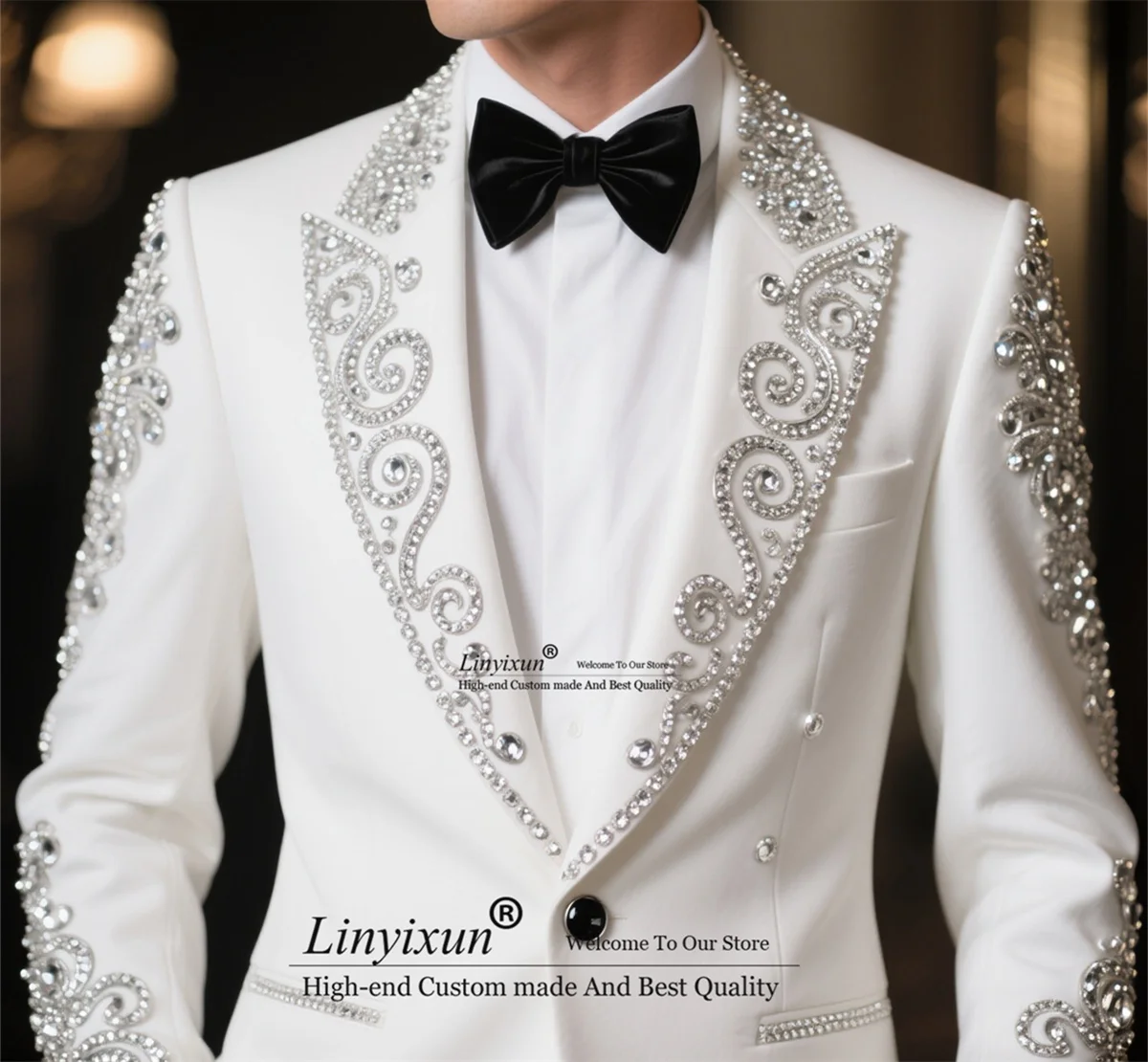

Customized Slim Fit Men Suit Sparkly Jewel Ornament Wedding Groom Tuxedos 2 Pieces Sets Groom Male Blazers High End Ropa hombre