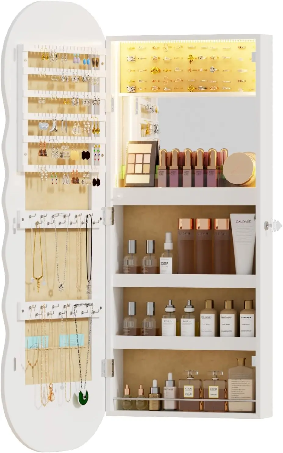 Over the Door Jewelry Organizer with Wave Mirror, Lockable Full Length Mirror with Storage, Gift for Women, White
