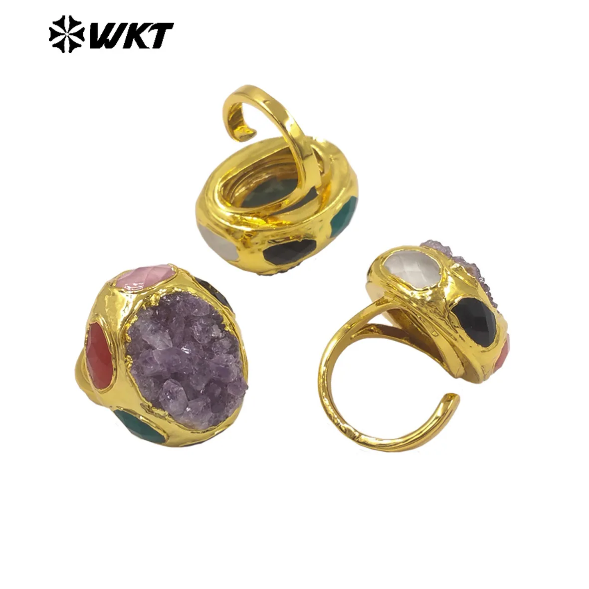 WT-R605 Exclusive Design 18K Gold Electroplated Natural Raw Amethyst And Stones Rings As Female Vintage Jewelry Accessory