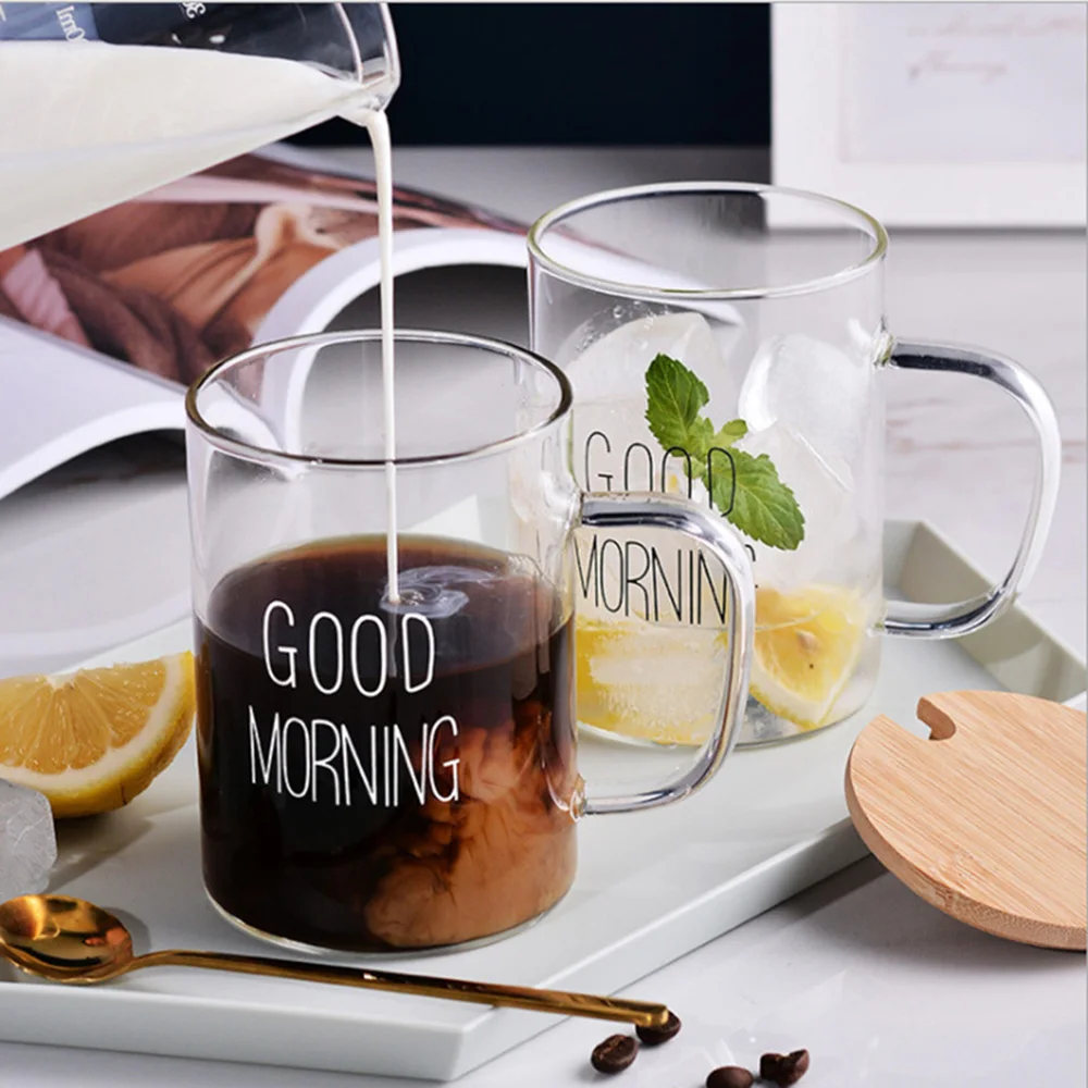 400ML Milk Cup Letter Printed Transparent Square Glass Water Cup Drinks Dessert Breakfast Cup Milk Mug Handle Drinkware