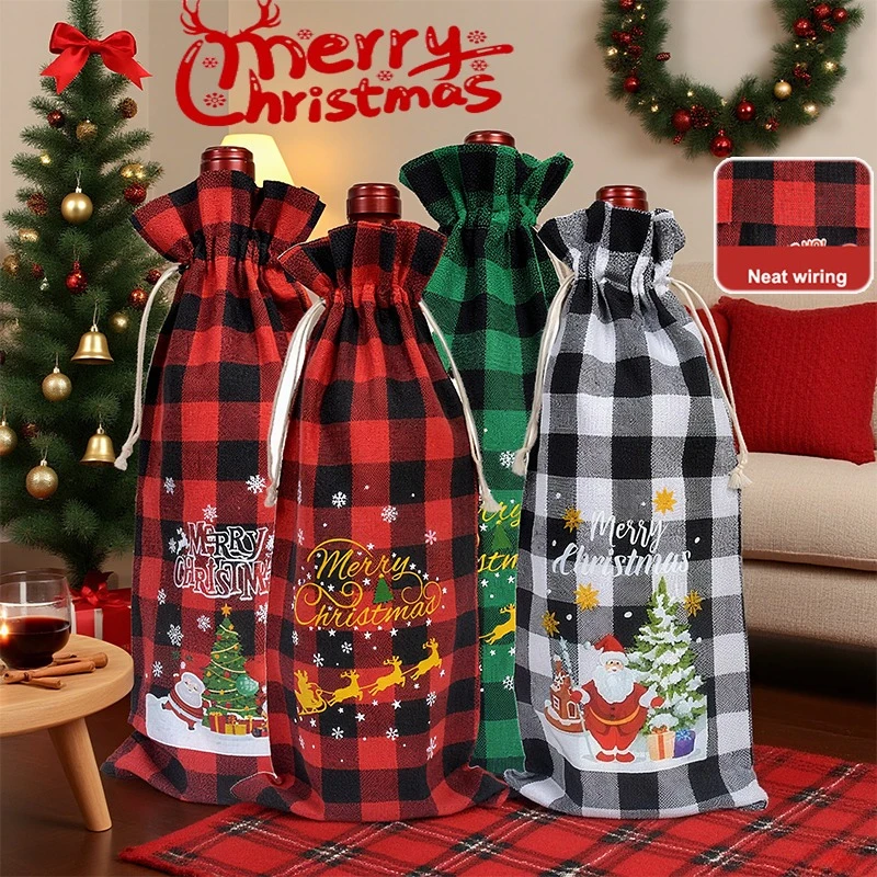 

2025 Premium Christmas Wine Bottle Cover with Drawstring Reusable Christmas Party Dinner Table Decoration New Year Gift Bolsas