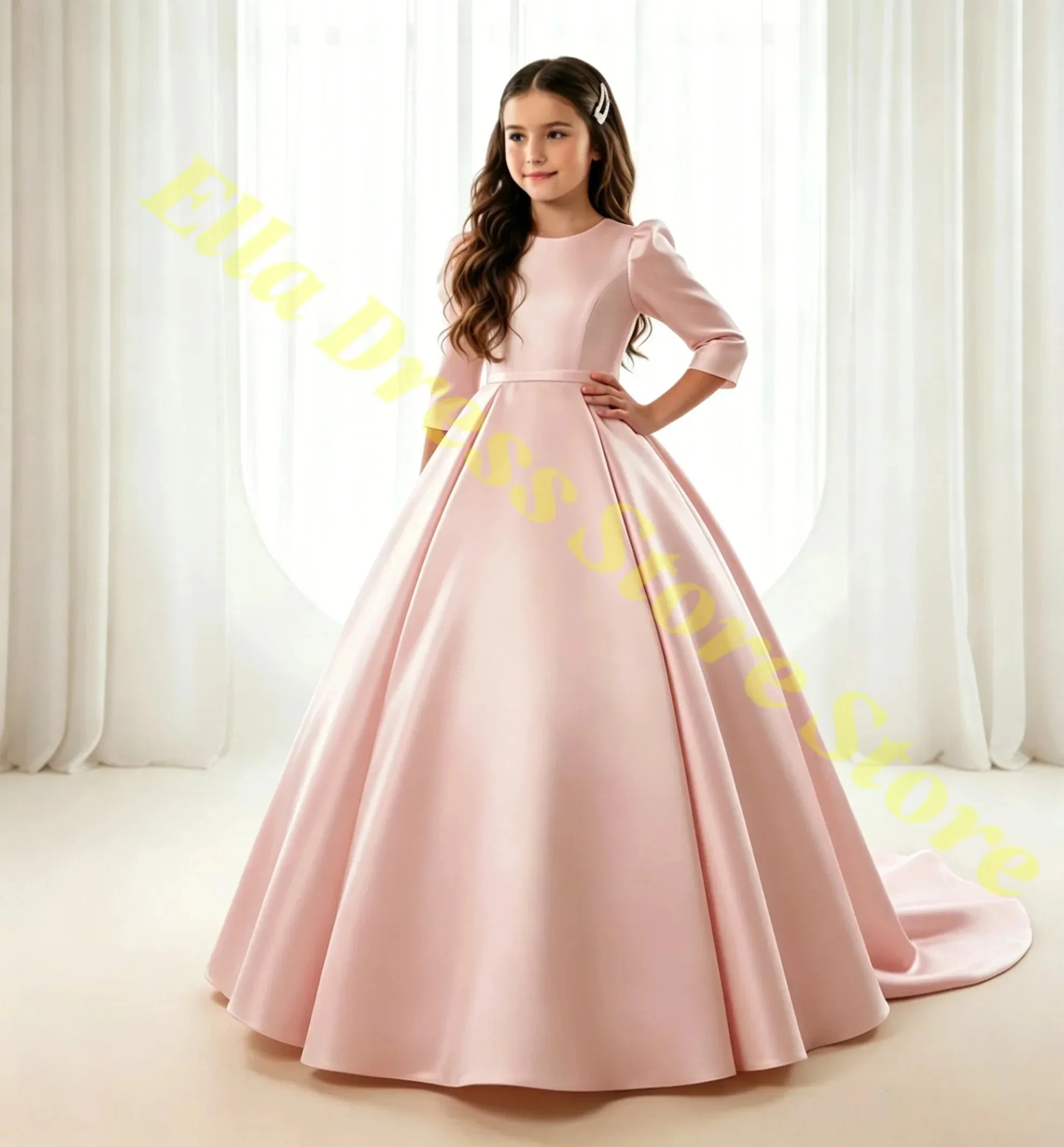 Maßgeschneidertes, bezauberndes Blumenmädchenkleid, neues langärmeliges, mattes Satin-A-Linien-Abendkleid mit Schleppe, für Mädchen, Hochzeit, Party, Prinzessin, Großhandel – Detail 4