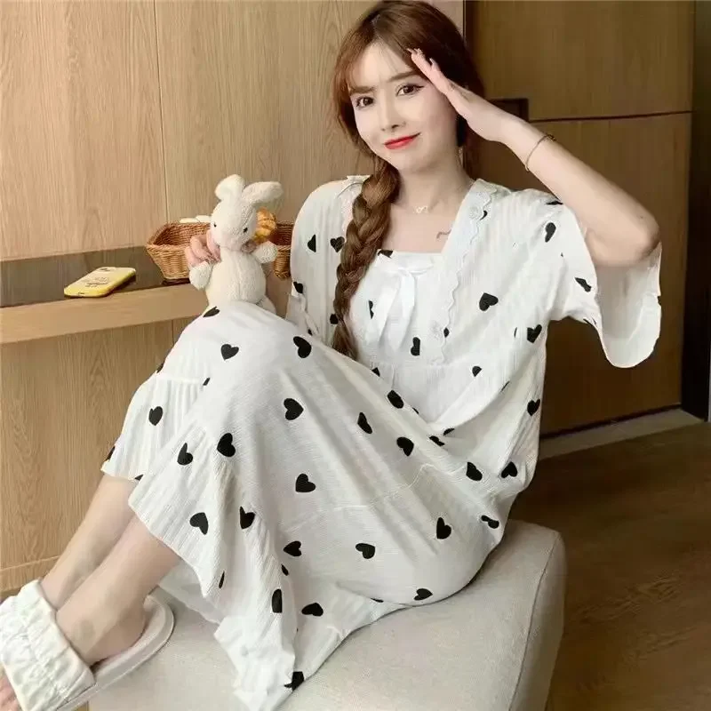 Sweet Pajamas Dresses Sleepwear Korean Fashion Nightdress Lingeries for Woman Short Sleeve  Lace Patchwork Summer Nightie