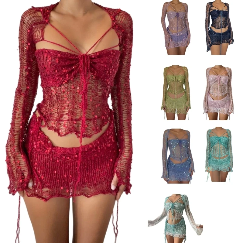 

Women Crochet Sequined Dress 3Pieces Outfits Strapless Top Long Sleeve Shrug and Skirt Set for Parties and Beachwear