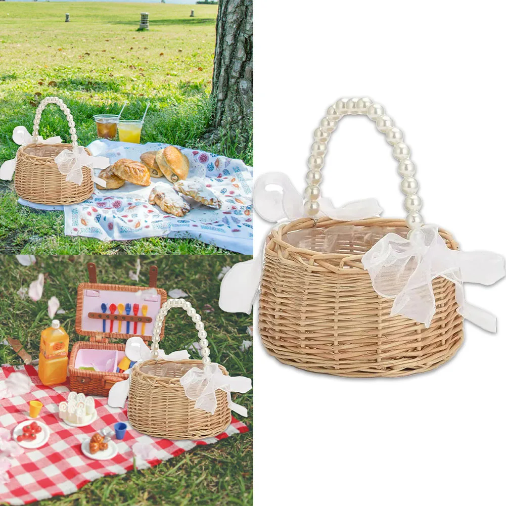 Rustic Rattan Wicker Tote Basket With Pearl Handles And Bow For Wedding Flower Girl Picnic Party Decoration Storage Accessories