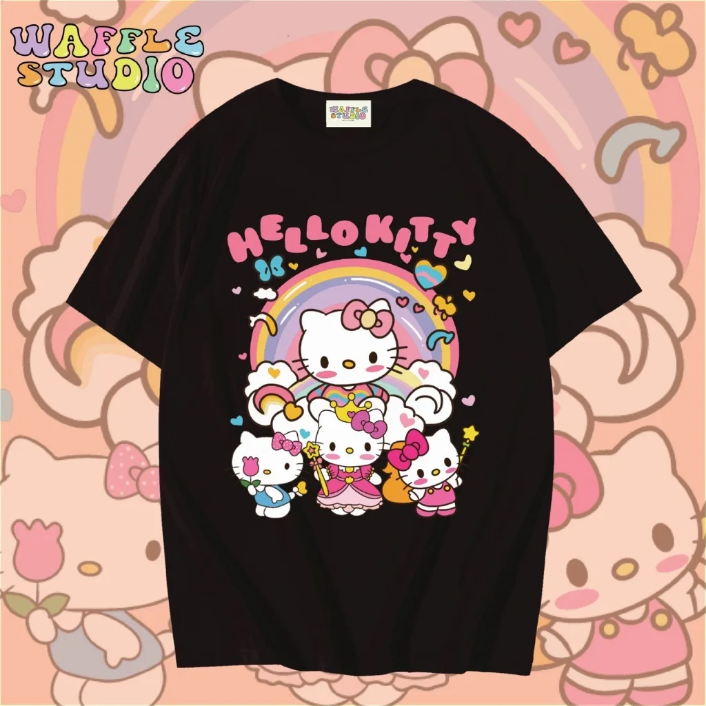 لطيف مرحبا كيتي القطن الخالص قصيرة الأكمام تي شيرت للنساء والأطفال صيف 2025 جديد بسيط مطبوعة فضفاض رداء علوي غير رسمي