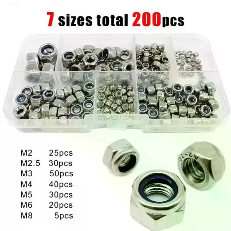 200pcs Lock Nut Nylon Insert Self Lock Nylock Locknut Assortment Kit Set M2 M2.5 M3 M4 M5 M6 M8 304 A2-70 Stainless Steel