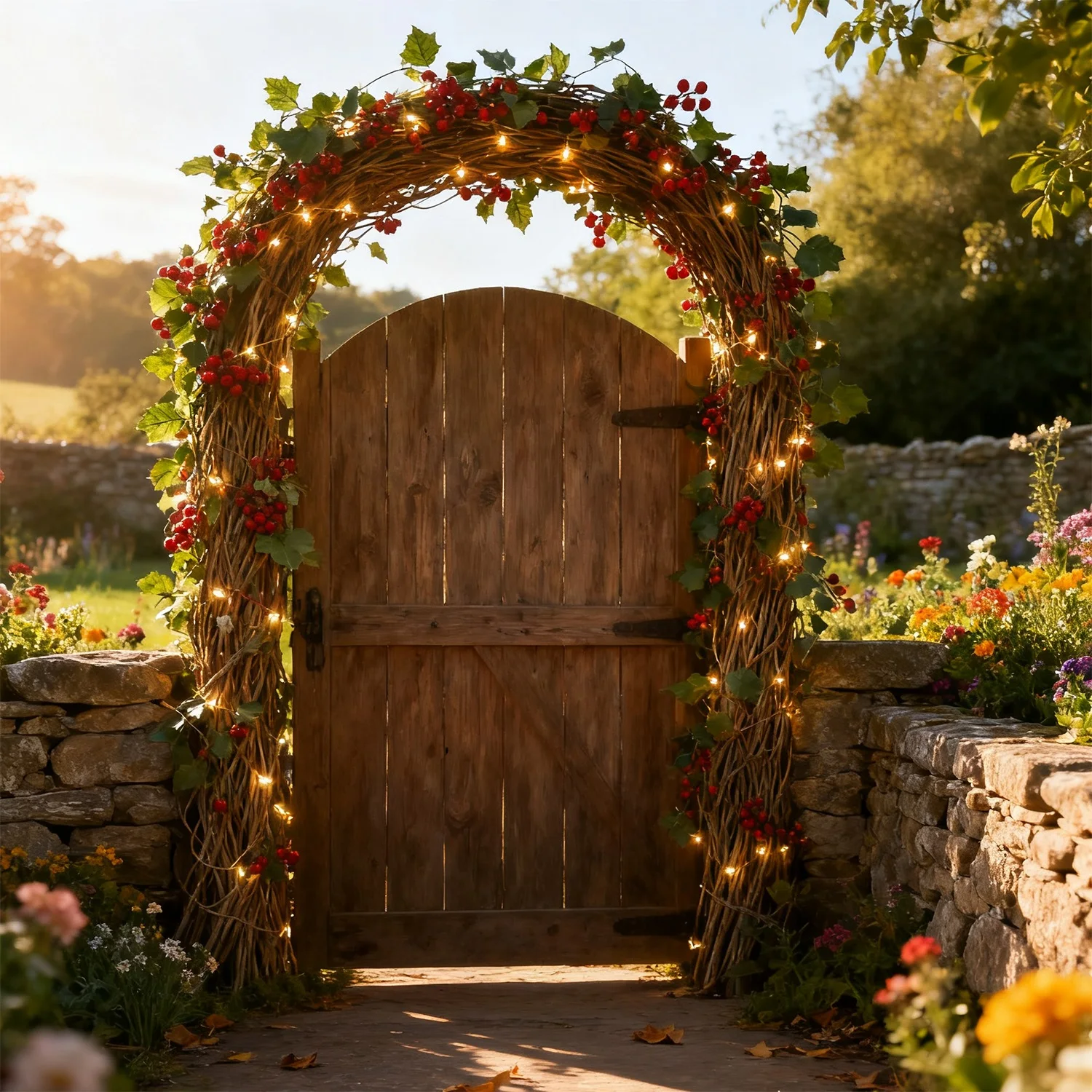 إكليل عيد الميلاد مع أضواء LED التوت الأحمر الزهور الاصطناعية طاولة النبات عيد الميلاد معلقة الروطان لتزيين درابزين الدرج