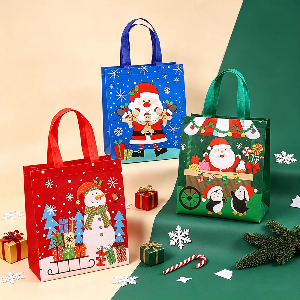 Reusable Christmas Tote Bag Non-Woven Cute Cartoon Santa Penguin Printed Gift Bag Holiday Grocery Shopping Pouch Party Supplies